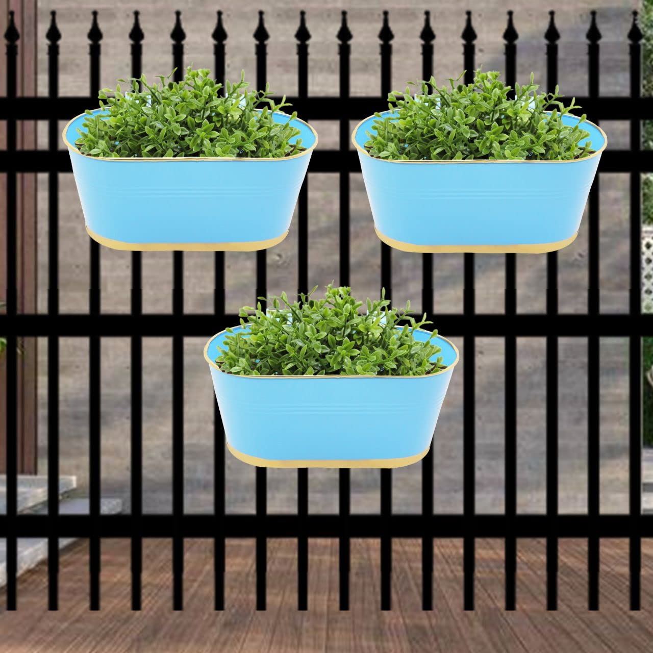 Oval Blue 12 inches Balcony Railing Planter (Set of 3)