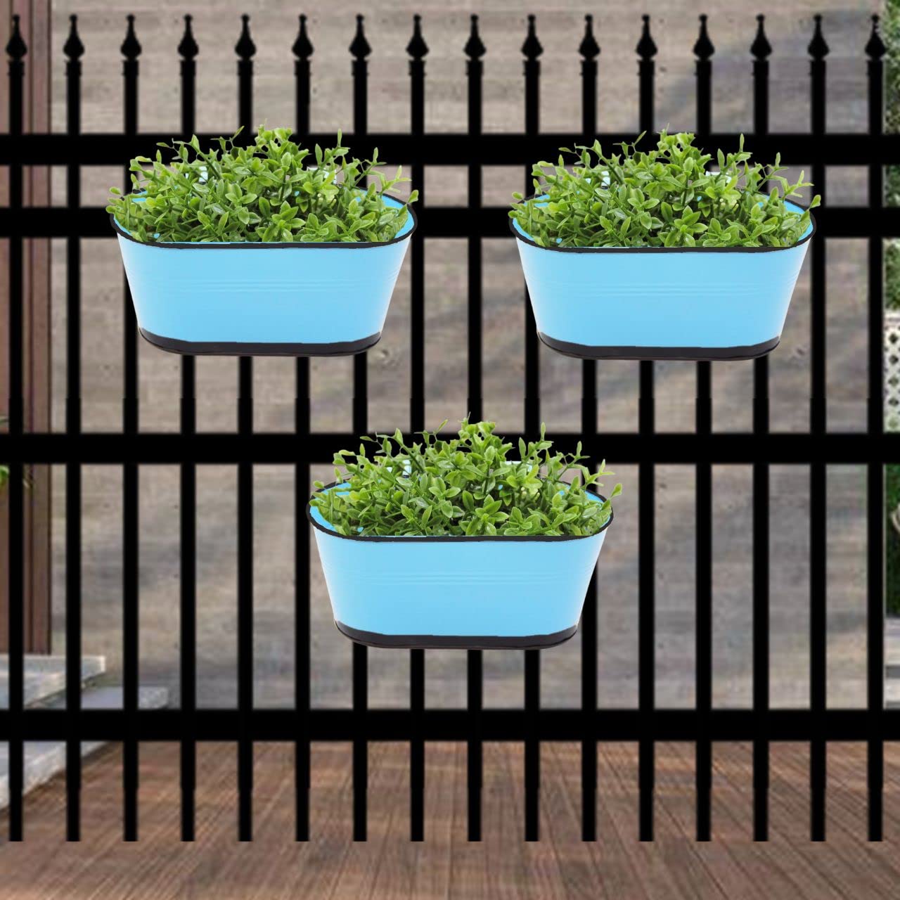 Oval Blue 10 inches Balcony Railing Planter (Set of 3)