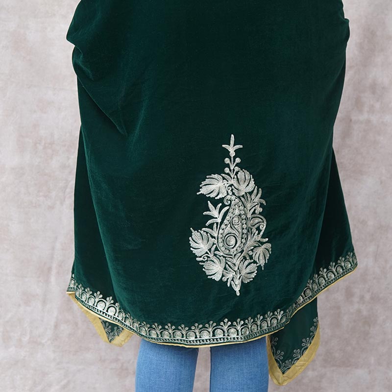 Bottle Green Velvet Cape with Antique Zari Embroidery