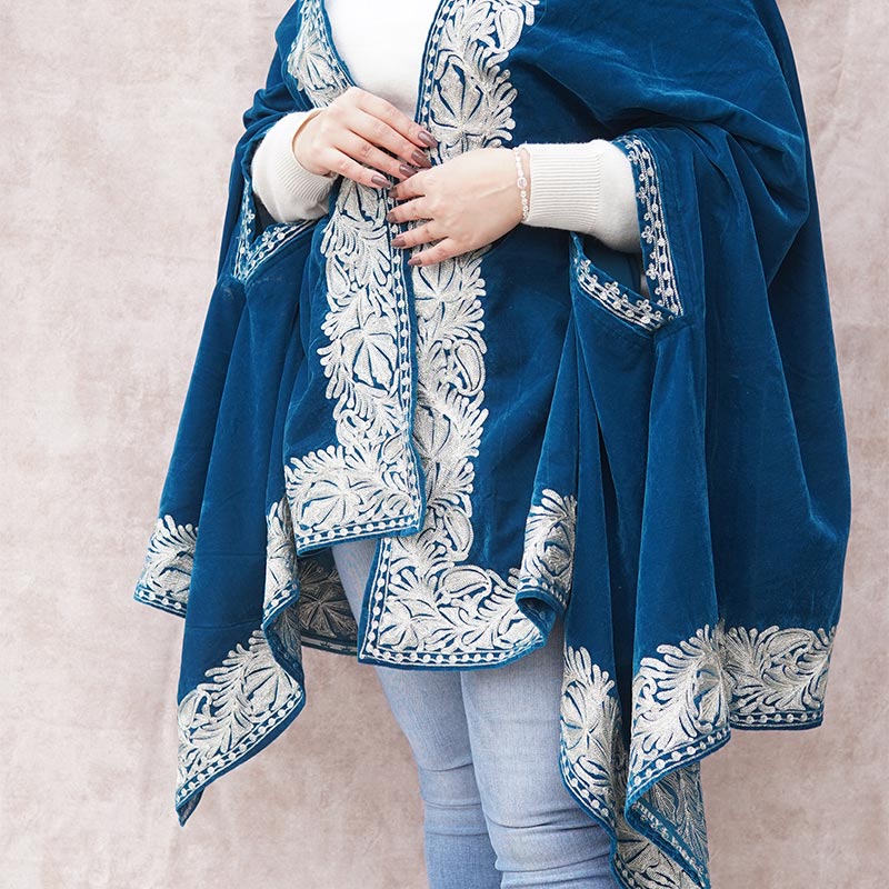 Blue Velvet Cape with Zari Embroidery