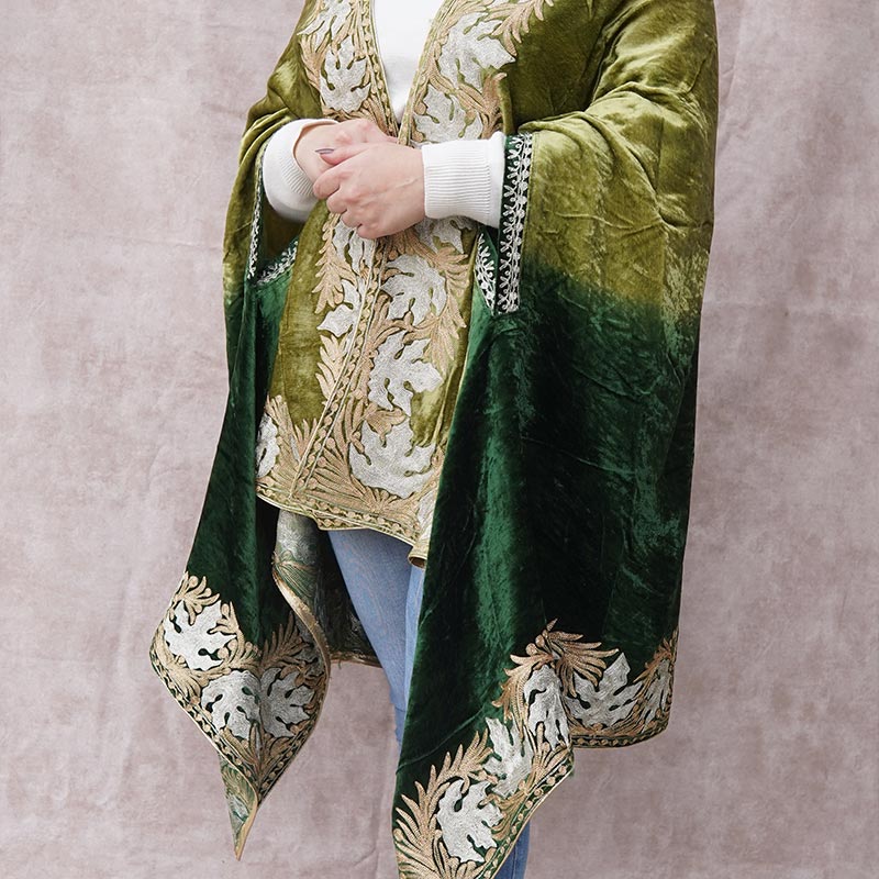 Green Double Shade Velvet Cape with Zari Embroidery