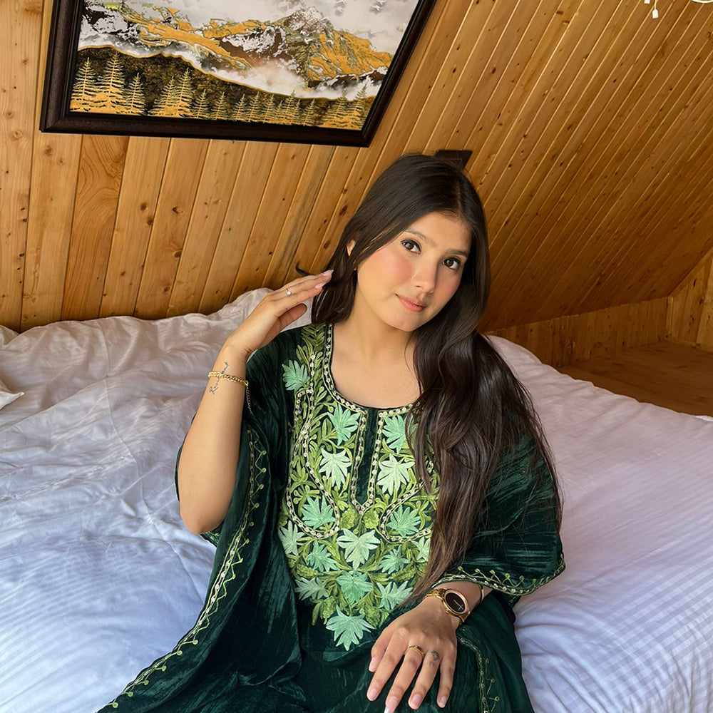 Kashmiri Crush Velvet Green Kaftan