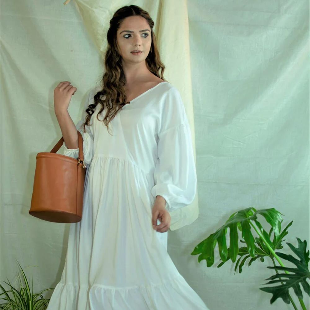 V-Neck Mid Calf Dress | Organic Bamboo Cotton - Pimphri