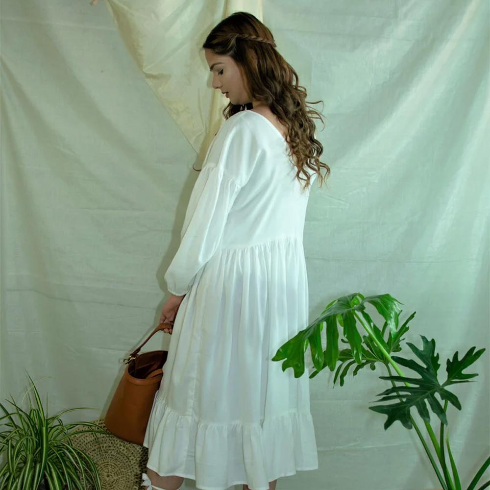 V-Neck Mid Calf Dress | Organic Bamboo Cotton - Pimphri